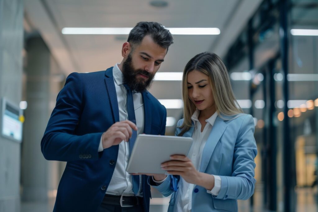 ai generated, business, couple, office, meeting, exchange, smile, group, team, businesspeople, professional, work, teamwork, standing, businesswoman, businessman-8881552.jpg